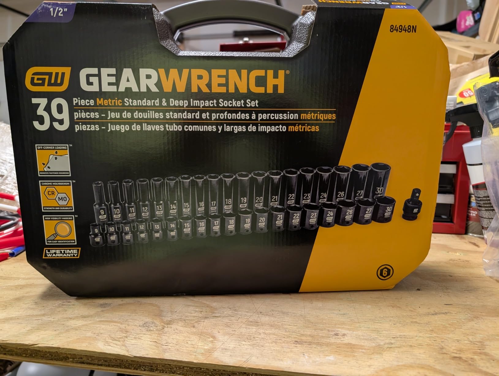 GEARWRENCH 84947N 39-delars 1/2-tums slaghylsnyckelsats SAE standard och djup – helhetsbild med låda